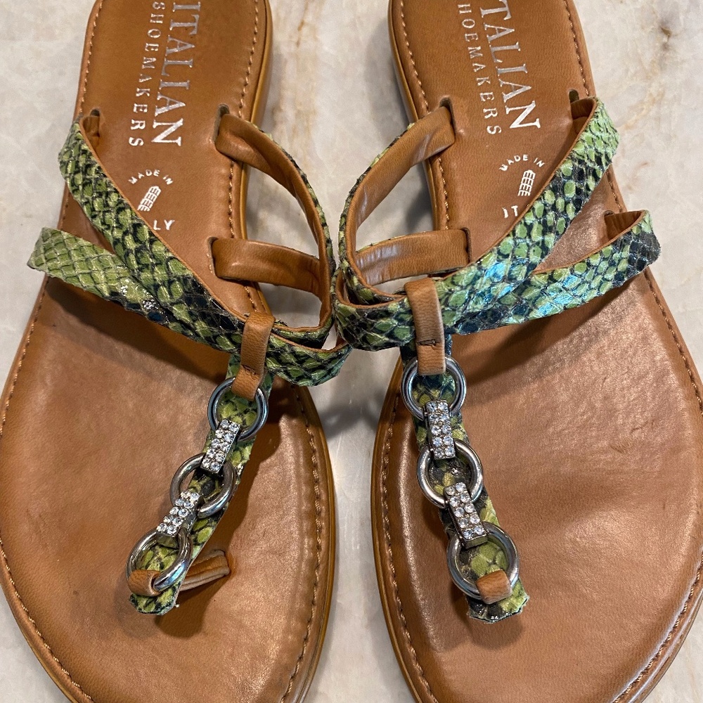 Italian Shoemaker Green Snakeskin Thong Sandals